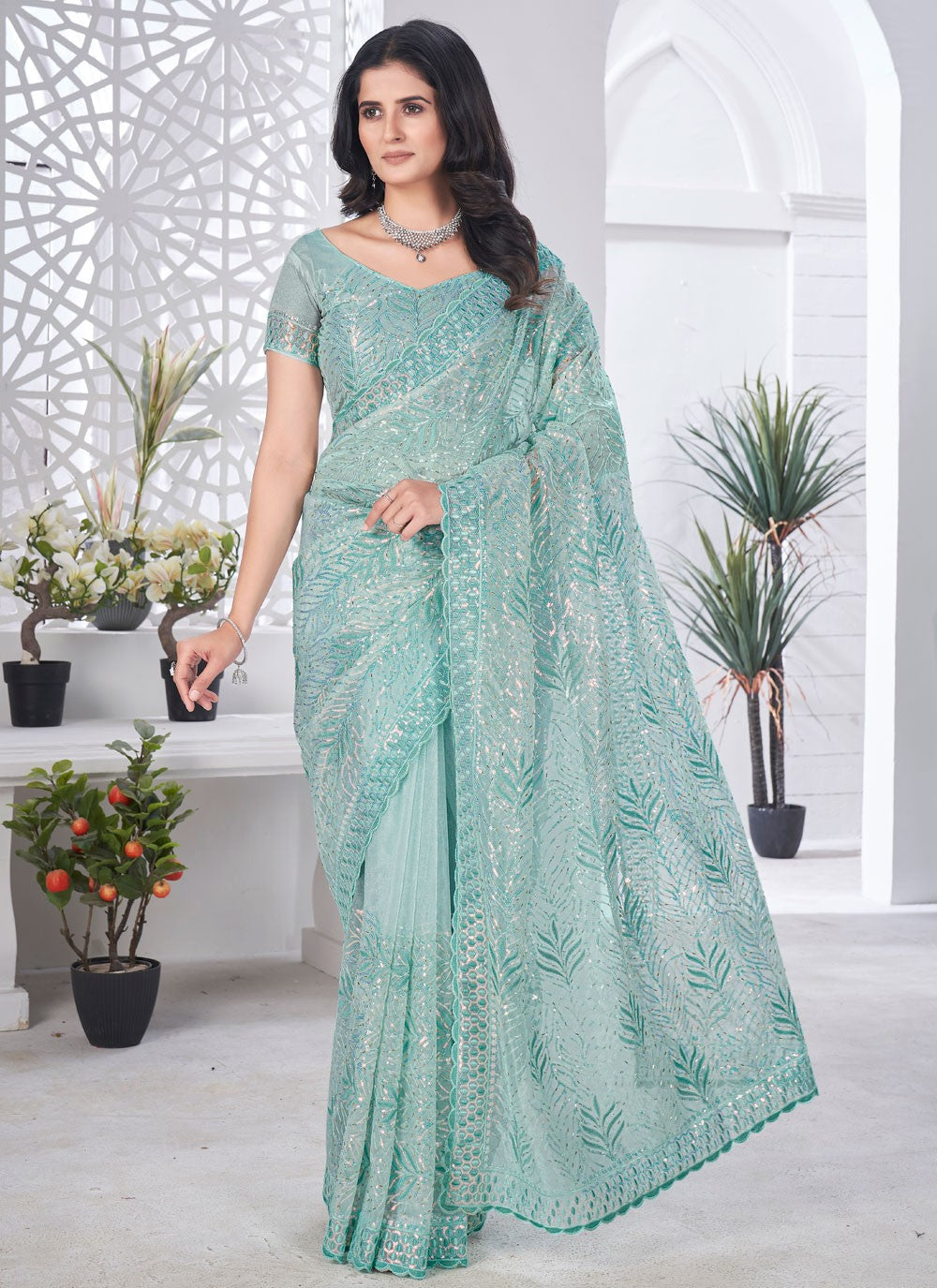 Cut Work Net Blue Designer Saree S15588