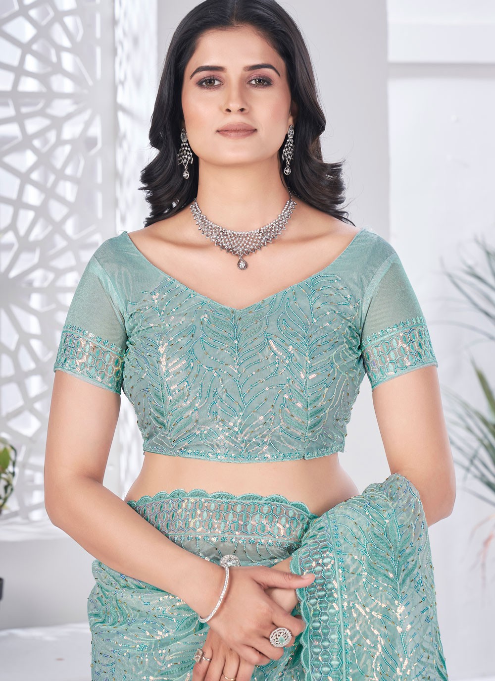 Cut Work Net Blue Designer Saree S15588