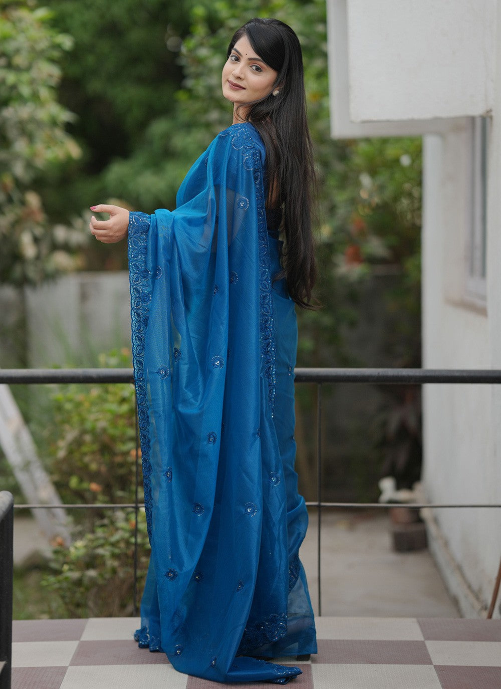 Blue Net Classic Saree Cut Work, Embroidered, Sequins, Thread S19148
