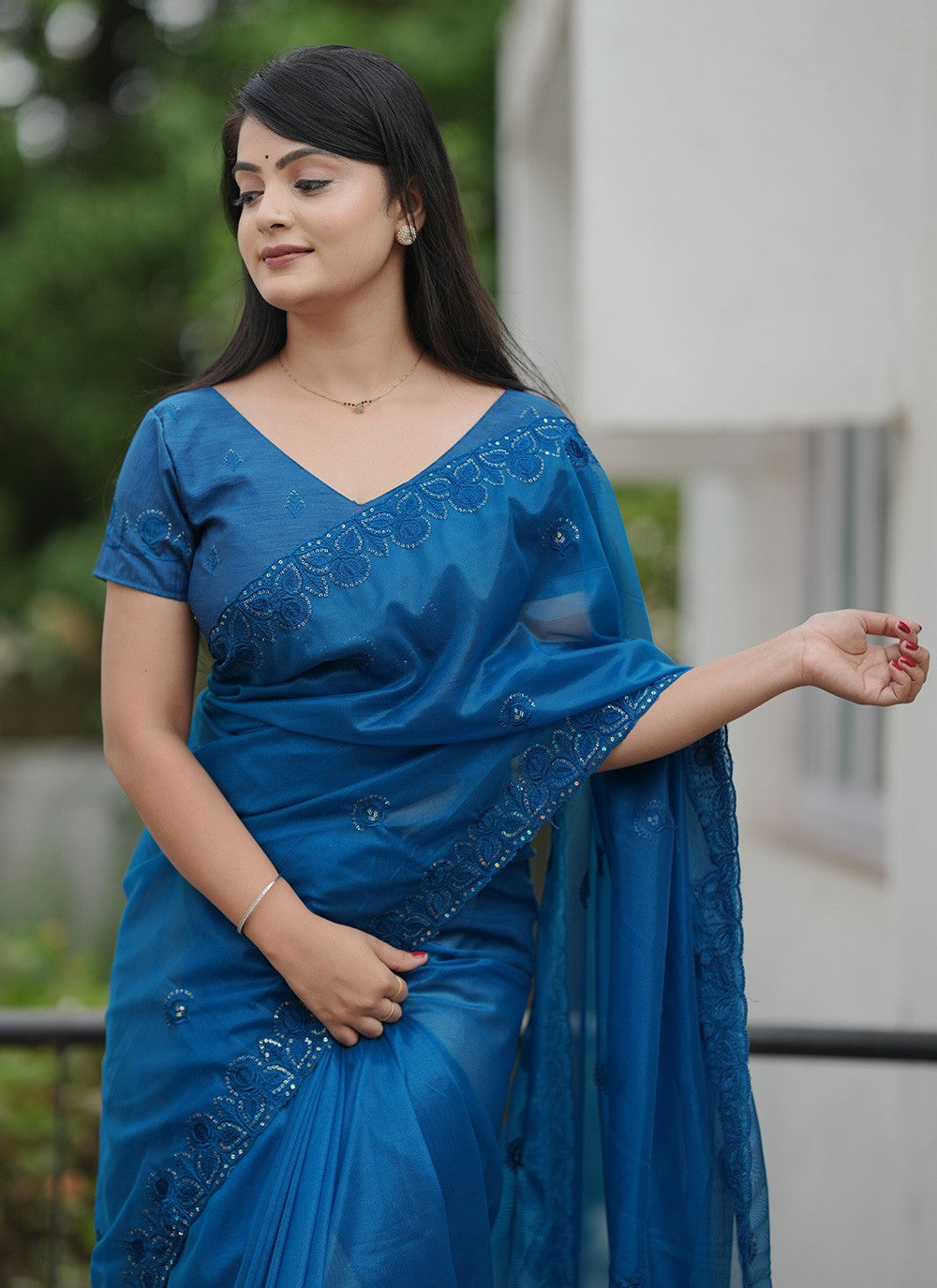 Blue Net Classic Saree Cut Work, Embroidered, Sequins, Thread S19148
