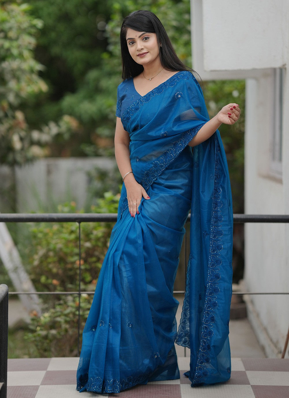 Blue Net Classic Saree Cut Work, Embroidered, Sequins, Thread S19148
