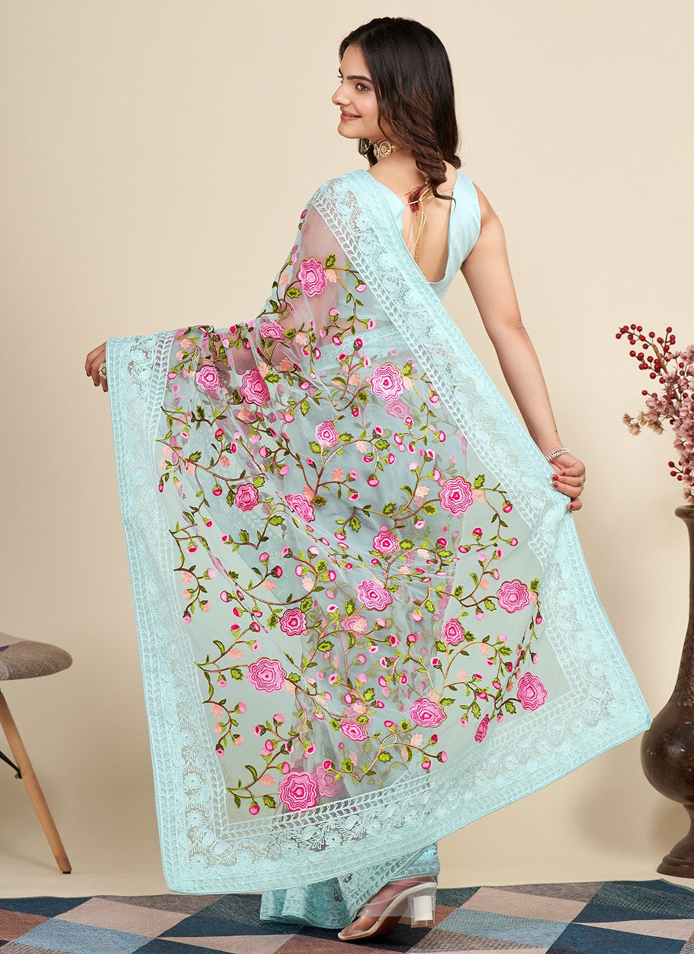 Trendy Embroidered Net Saree - S5091