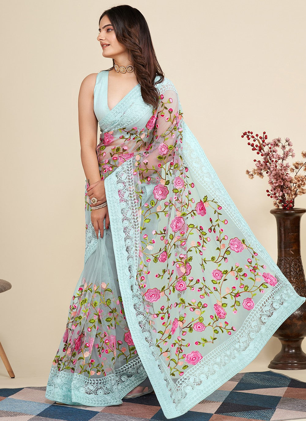 Trendy Embroidered Net Saree - S5091