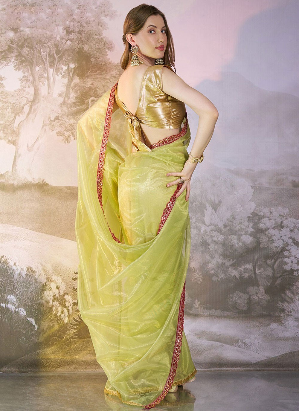 Designer Border Work Green Net Saree S13529
