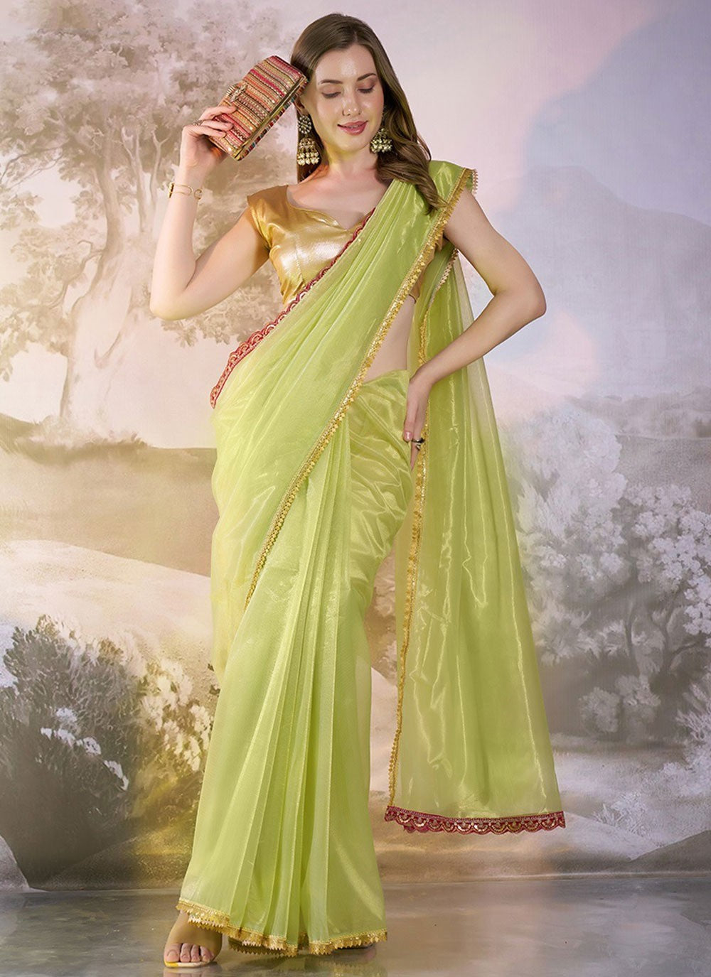 Designer Border Work Green Net Saree S13529