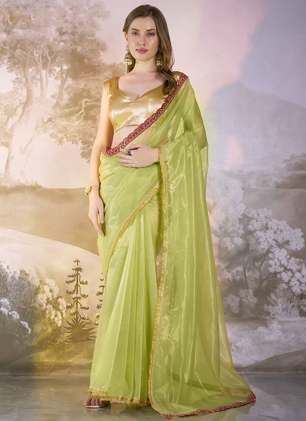 Designer Border Work Green Net Saree S13529