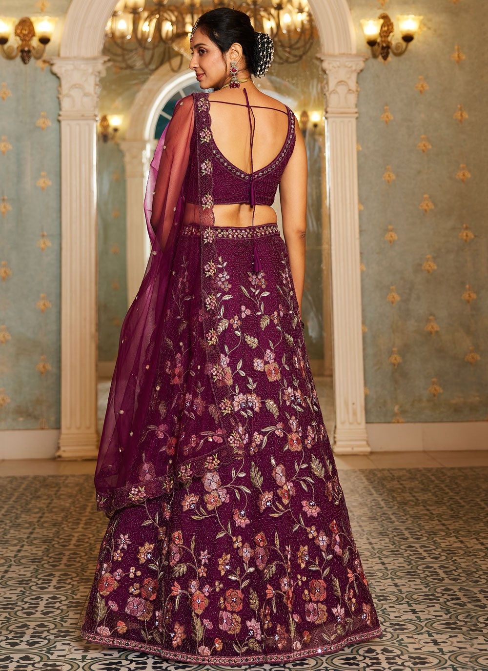 Beads Net Burgundy Lehenga - L3380