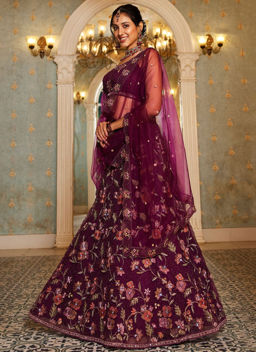 Beads Net Burgundy Lehenga - L3380