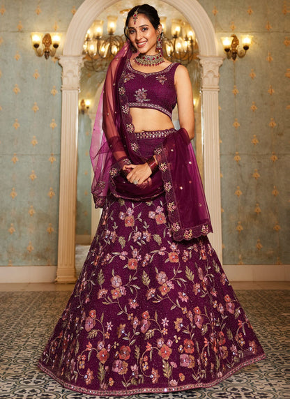 Beads Net Burgundy Lehenga - L3380