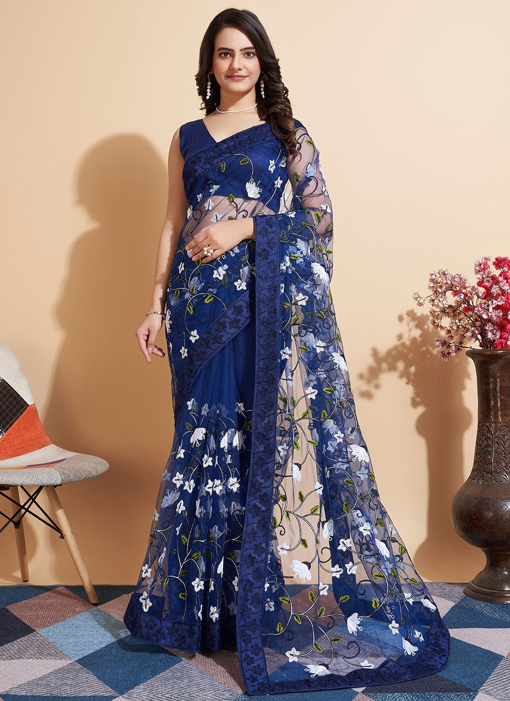 Trendy Embroidered Net Saree - S5235