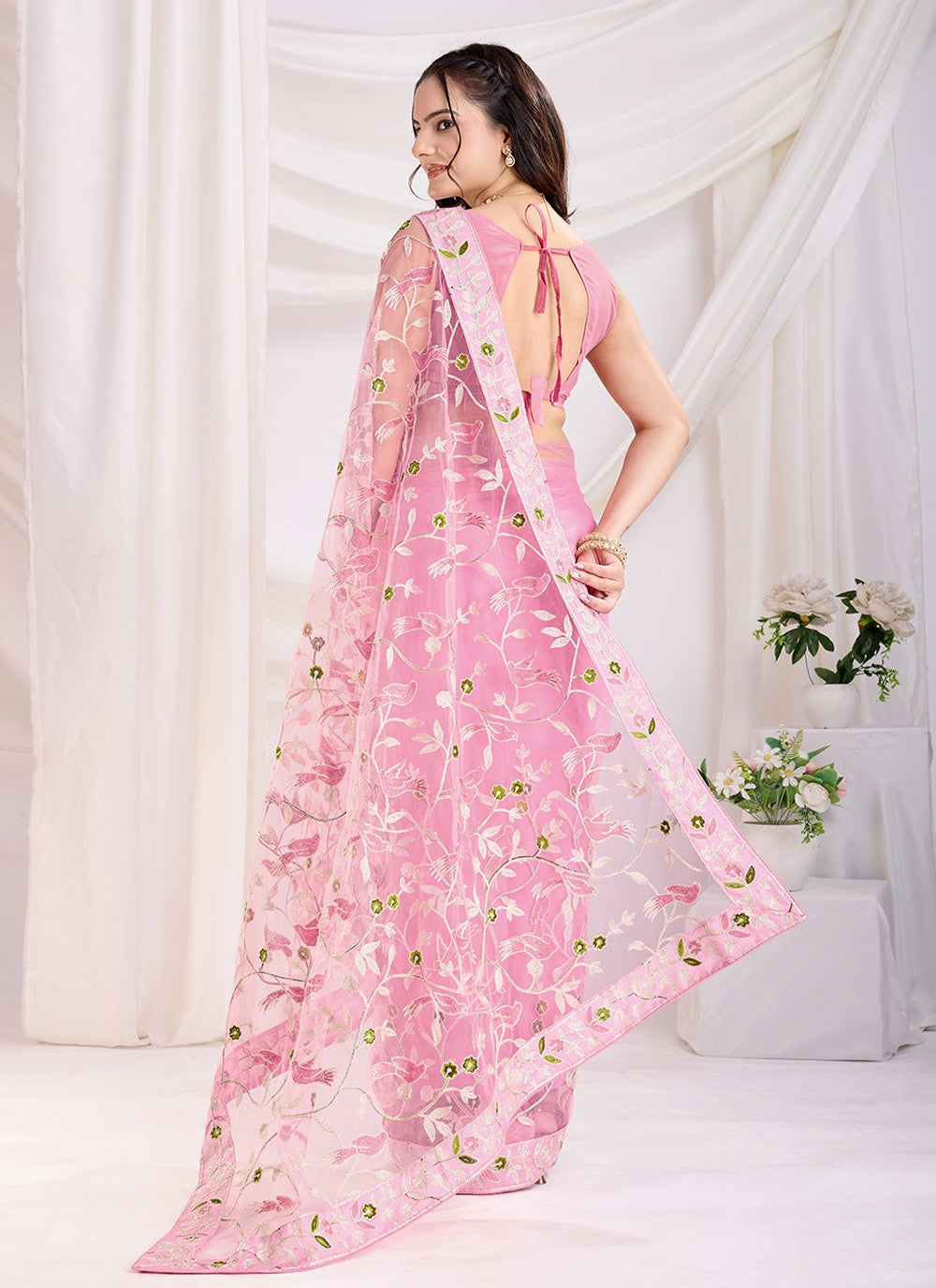 Embroidered Net Pink Saree S13803