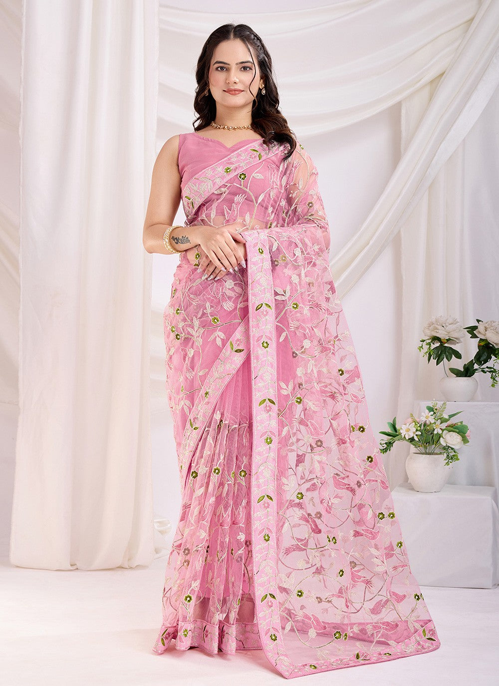 Embroidered Net Pink Saree S14039