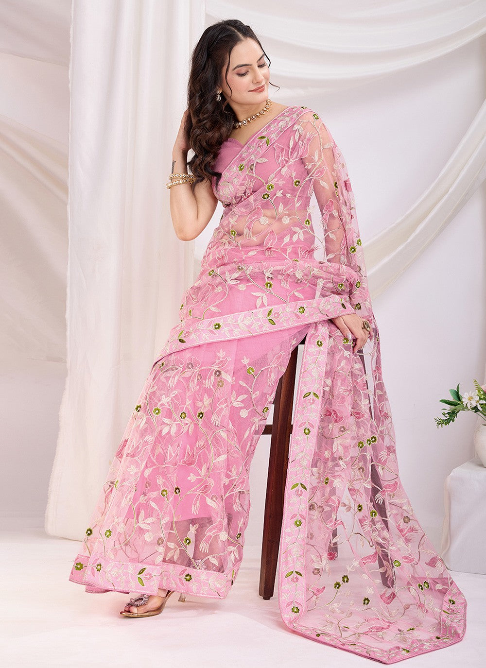 Embroidered Net Pink Saree S14039