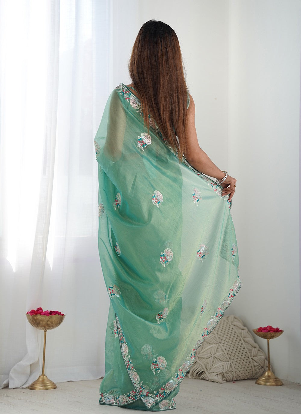 Classic Saree Embroidered Sea Green Net S12466