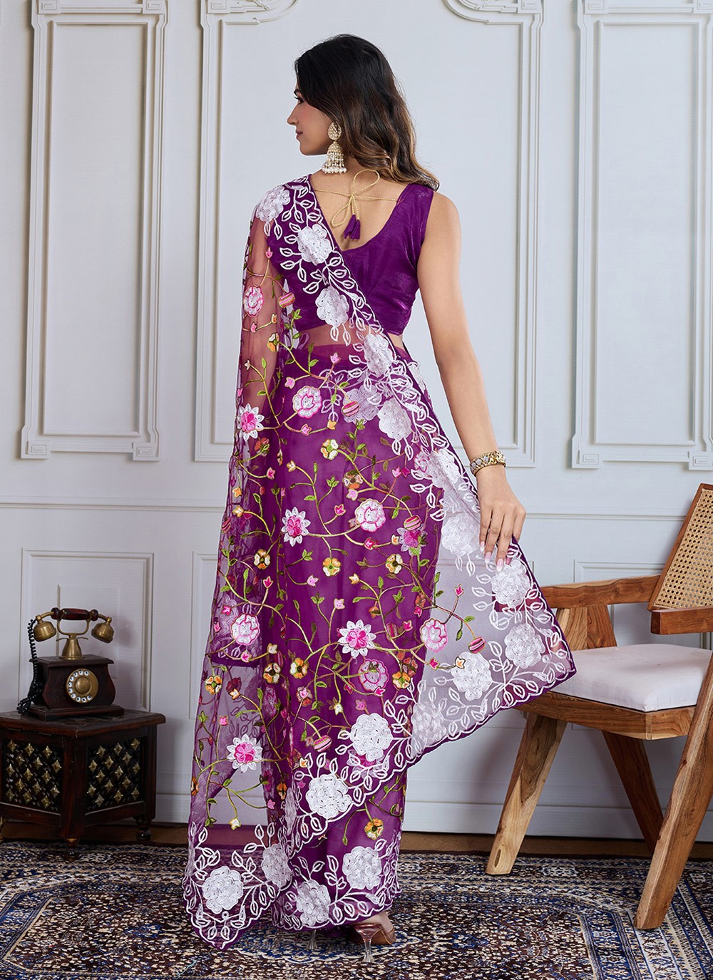 Embroidered Net Purple Contemporary Saree S14984