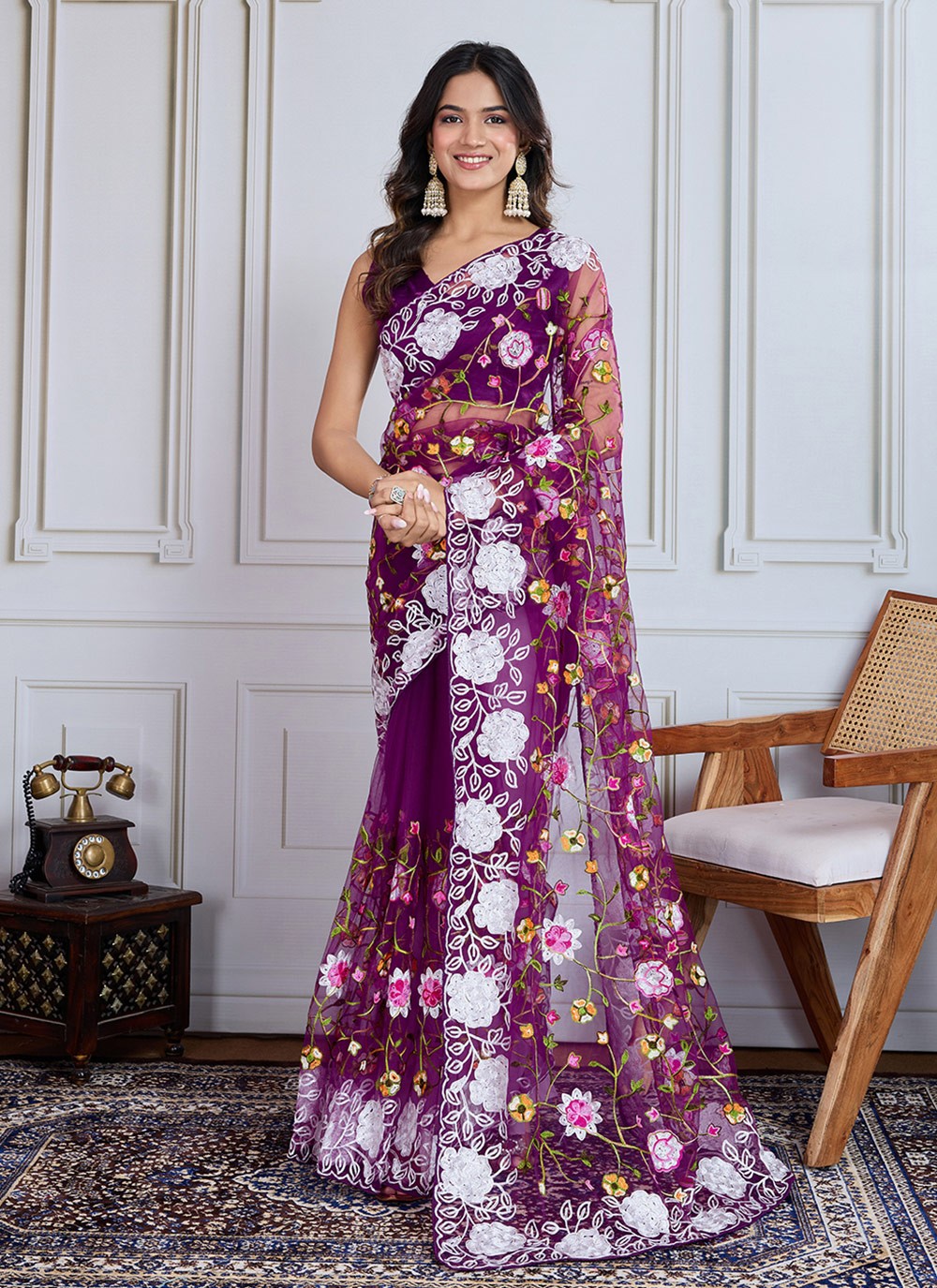Embroidered Net Purple Contemporary Saree S14984