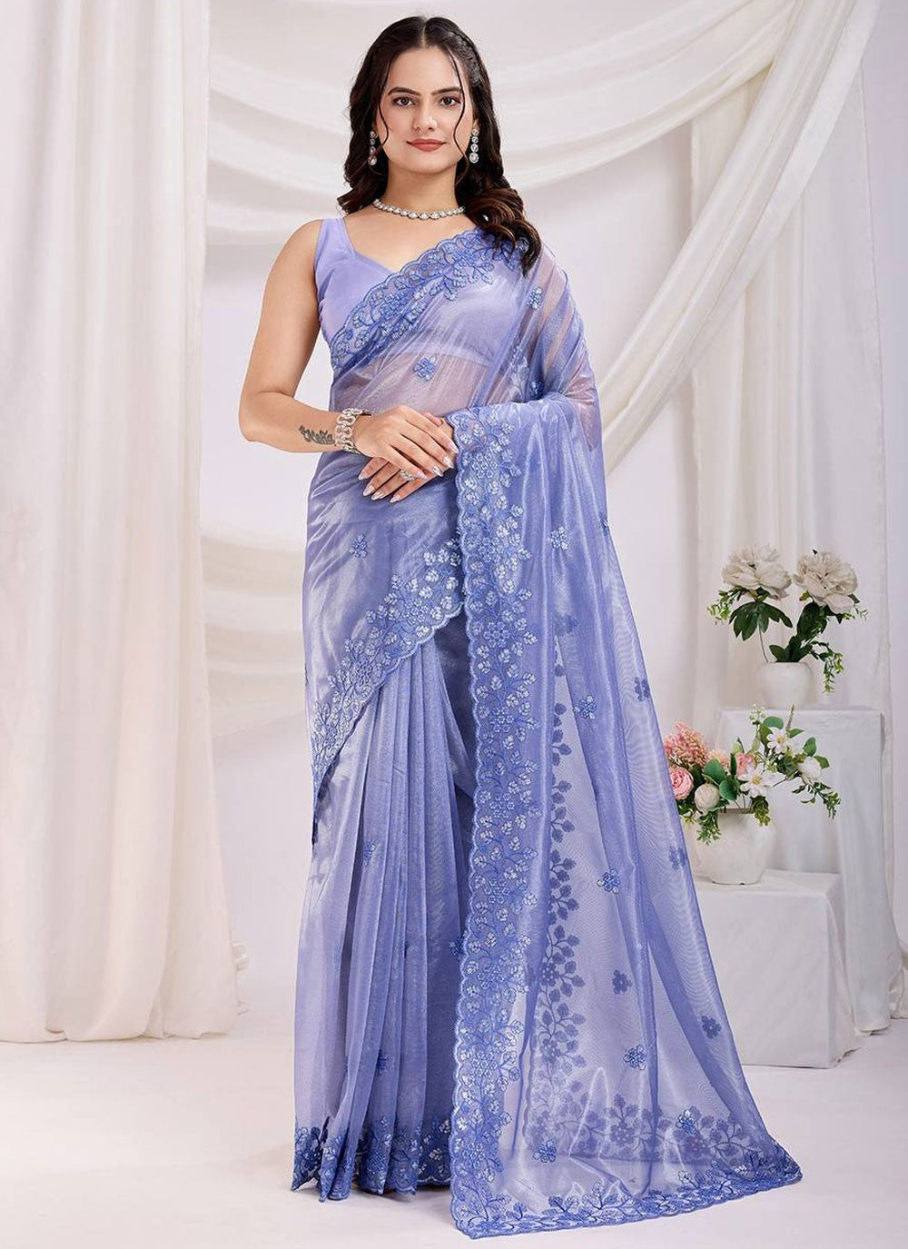 Cut Work Net Blue Saree S14027