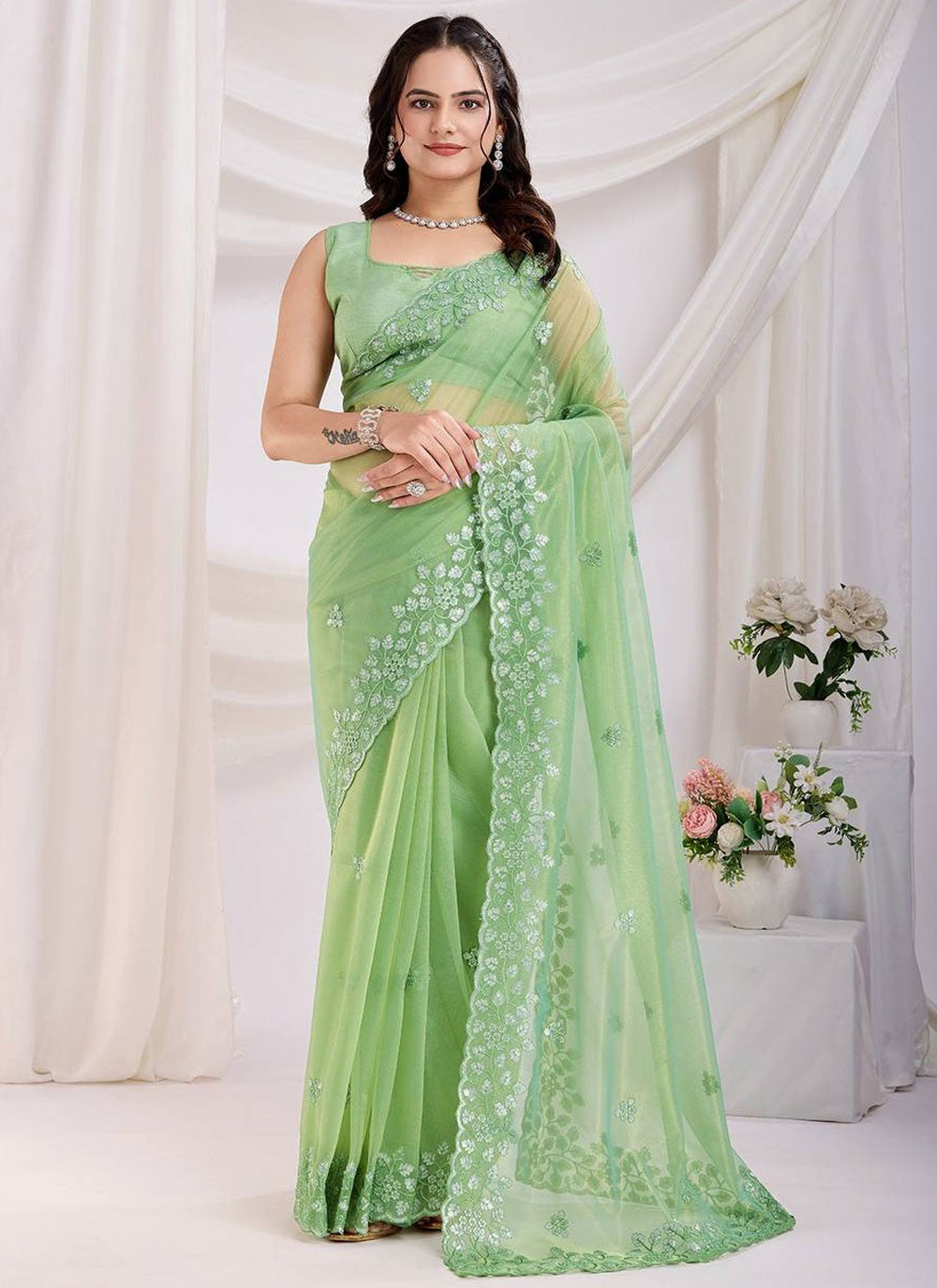 Cut Work Net Green Saree S14025
