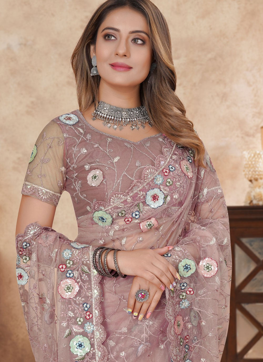 Pink Net Classic Saree Cut Work, Embroidered, Multi Work, Resham, Sequins S16194