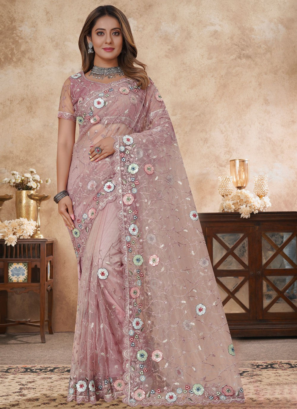 Pink Net Classic Saree Cut Work, Embroidered, Multi Work, Resham, Sequins S16194