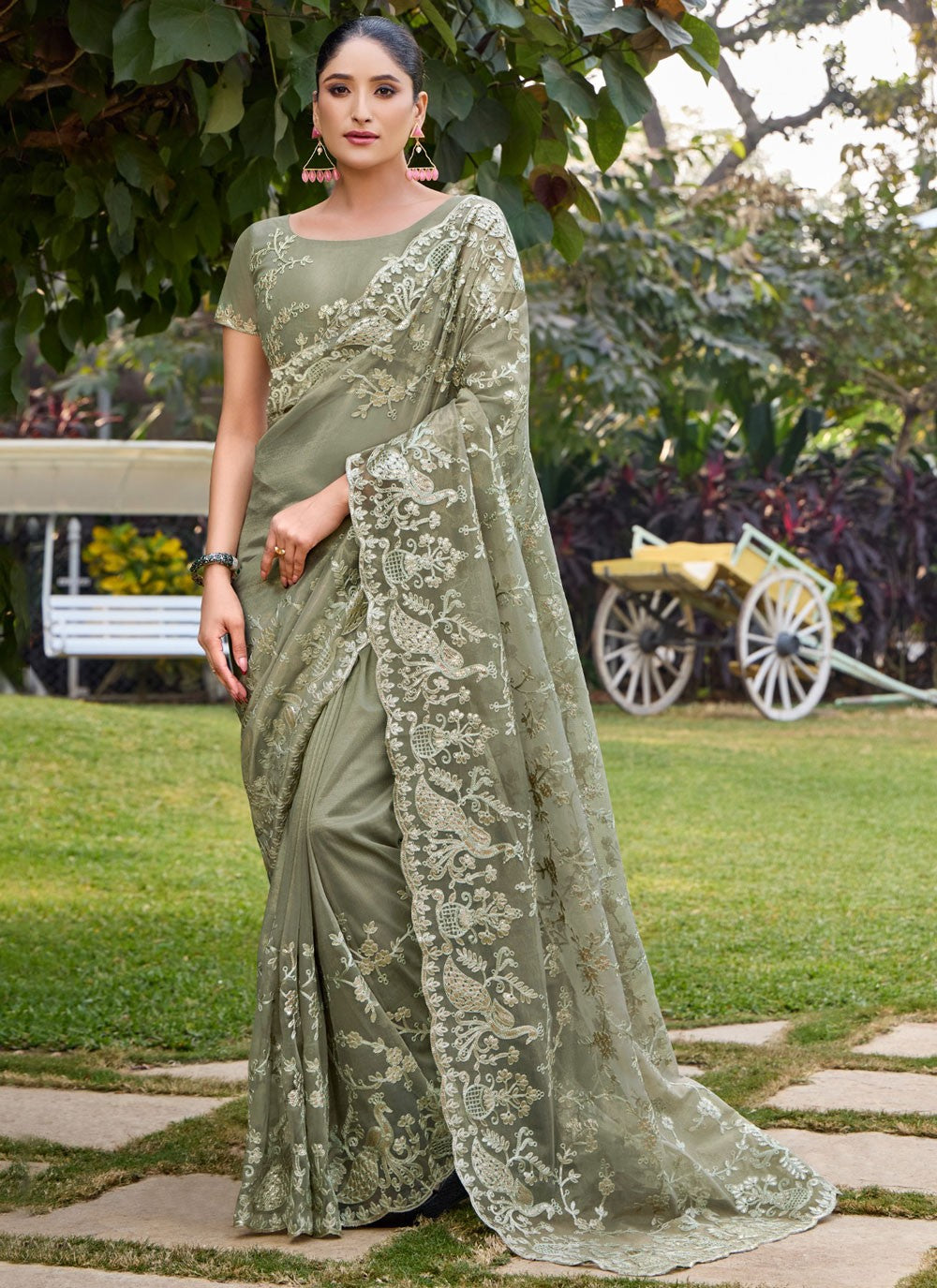 Designer Embroidered Grey Net Saree S13477