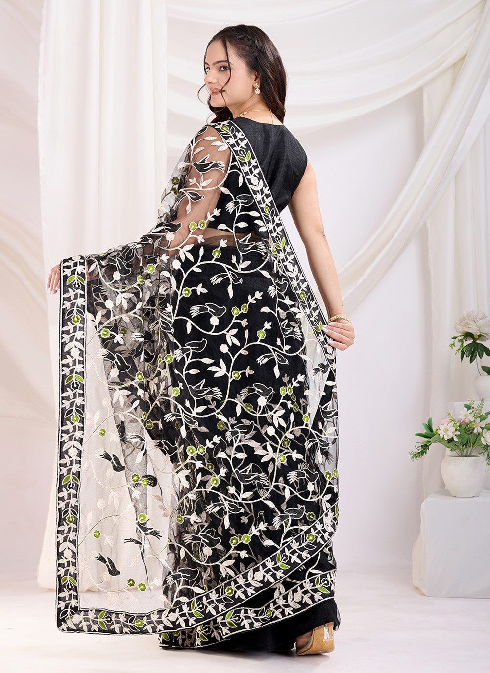 Embroidered Net Black Saree S14036