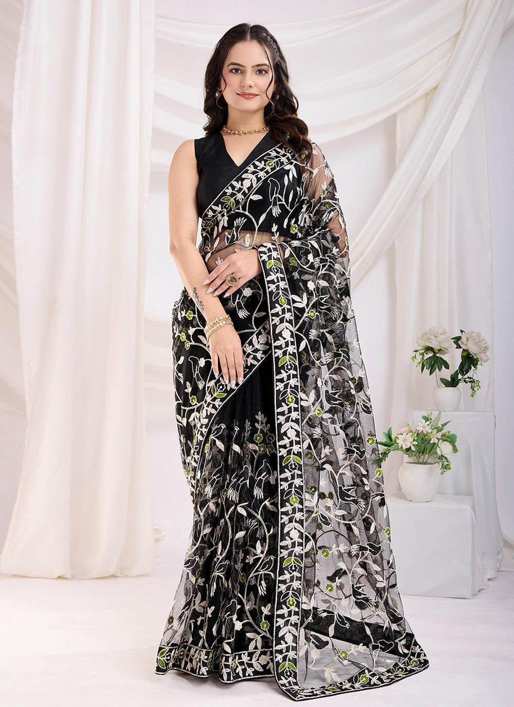 Embroidered Net Black Saree S14036