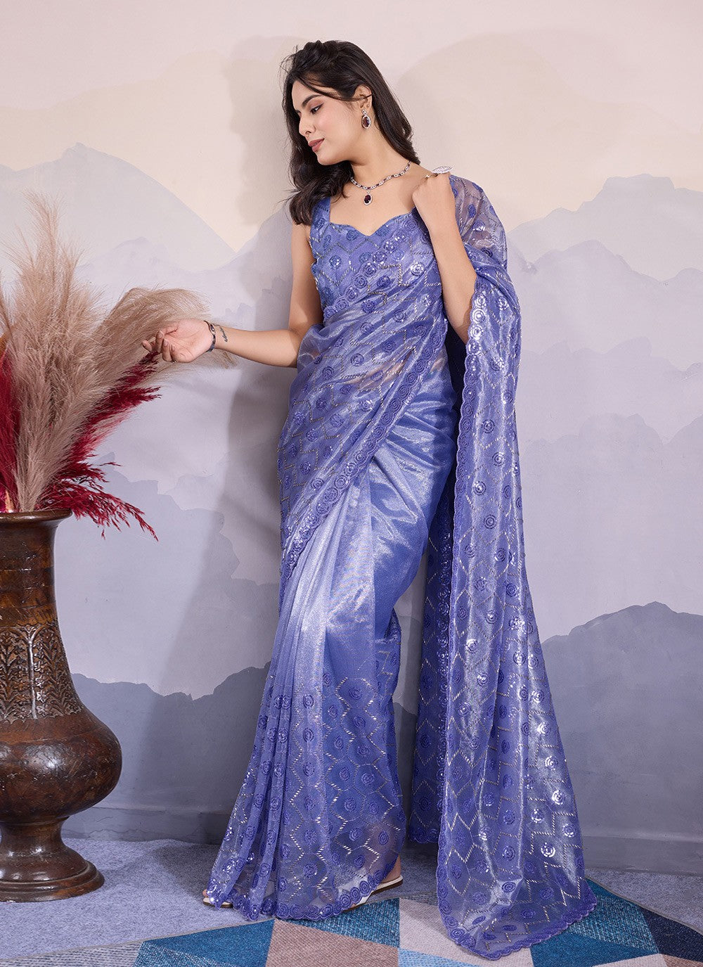 Classic Embroidered Net Saree - S8545