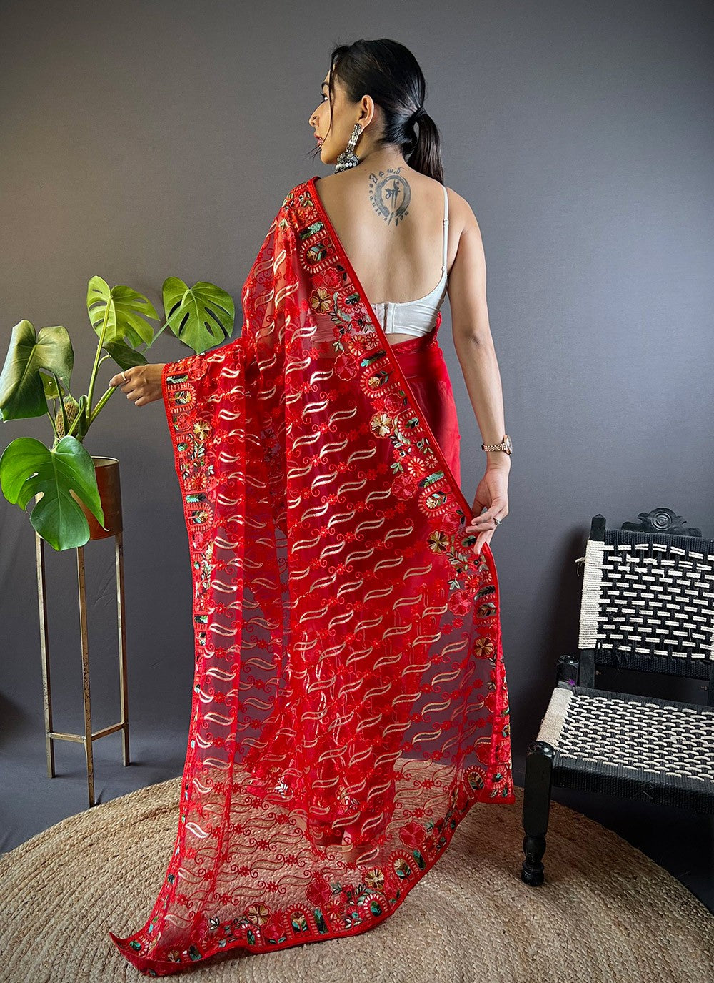 Embroidered, Thread Net Saree - S11645