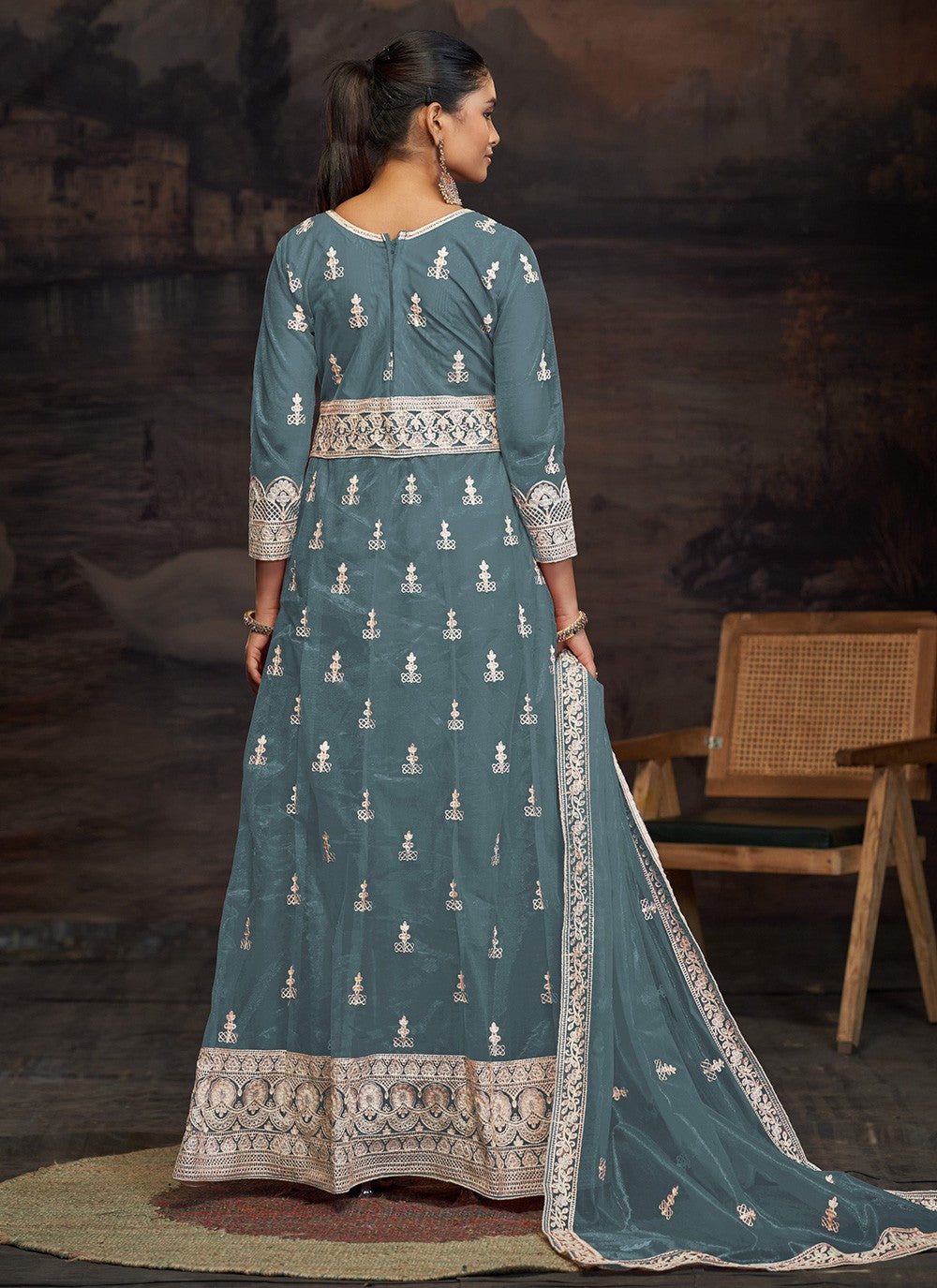Anarkali Embroidered Aqua Blue T7009