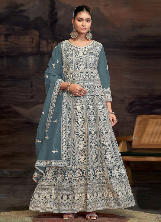 Anarkali Embroidered Aqua Blue T7009