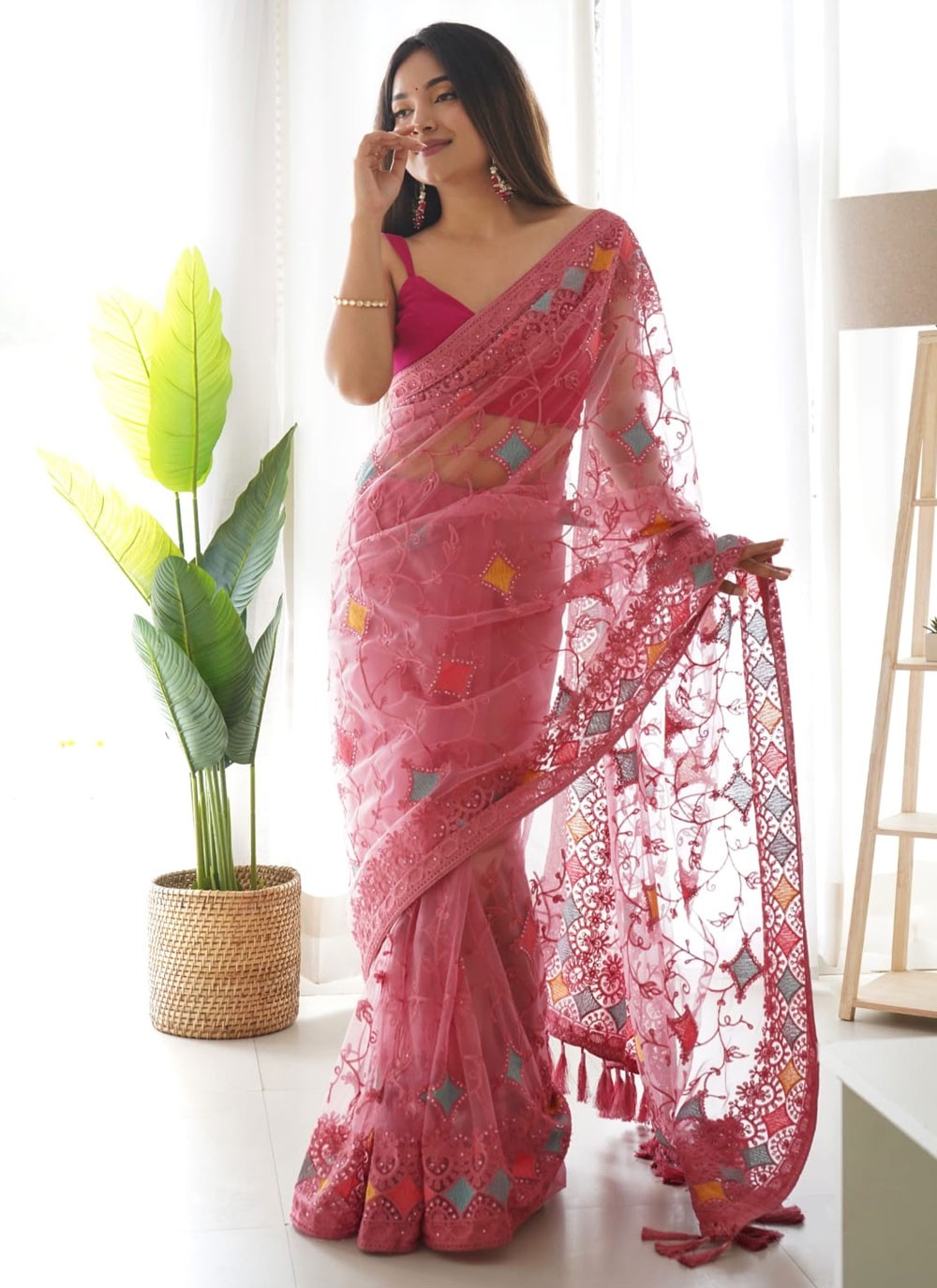 Embroidered Net Pink Saree S14395