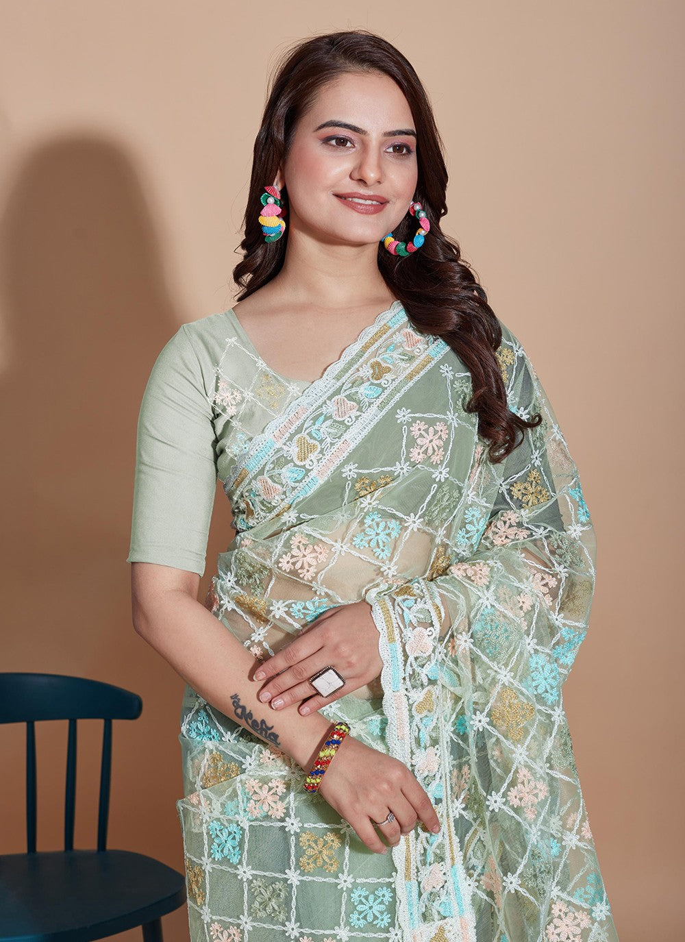 Trendy Embroidered Net Saree - S5270