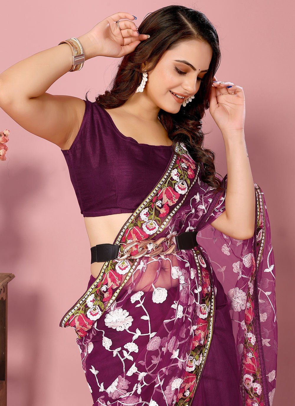 Classic Embroidered Net Saree - S6732