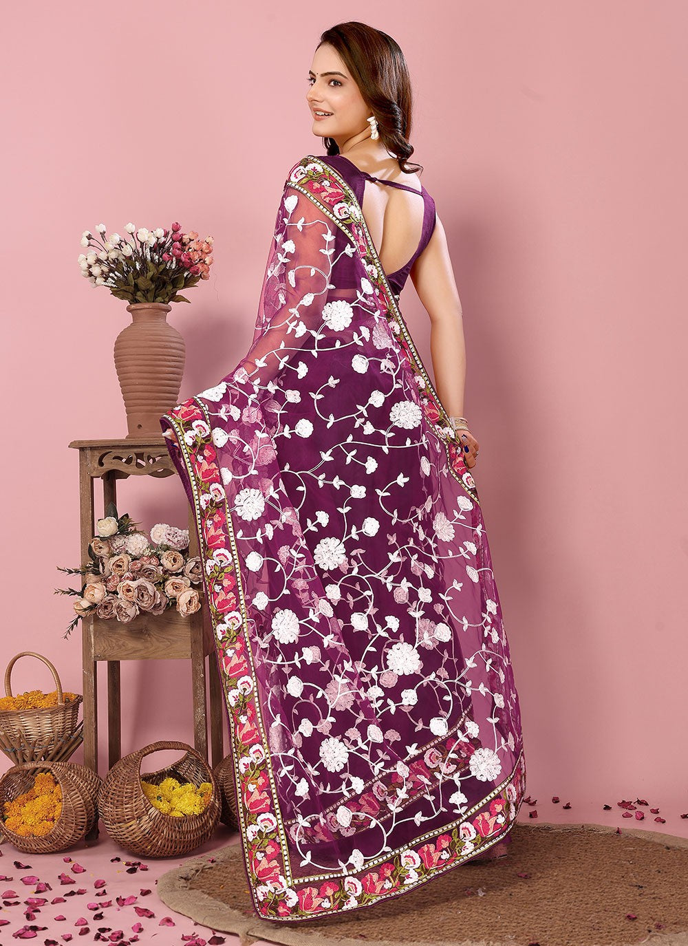 Classic Embroidered Net Saree - S6732