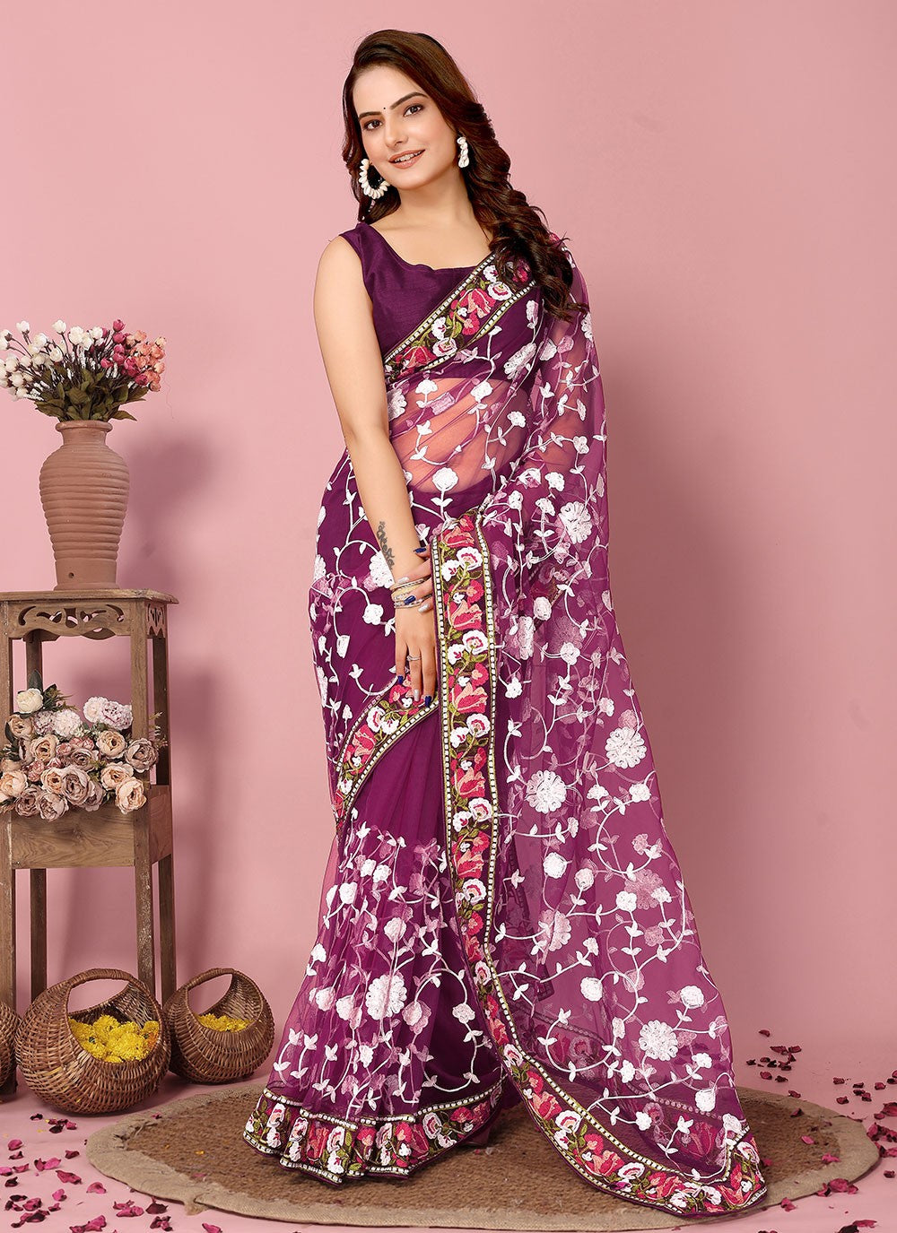 Classic Embroidered Net Saree - S6732