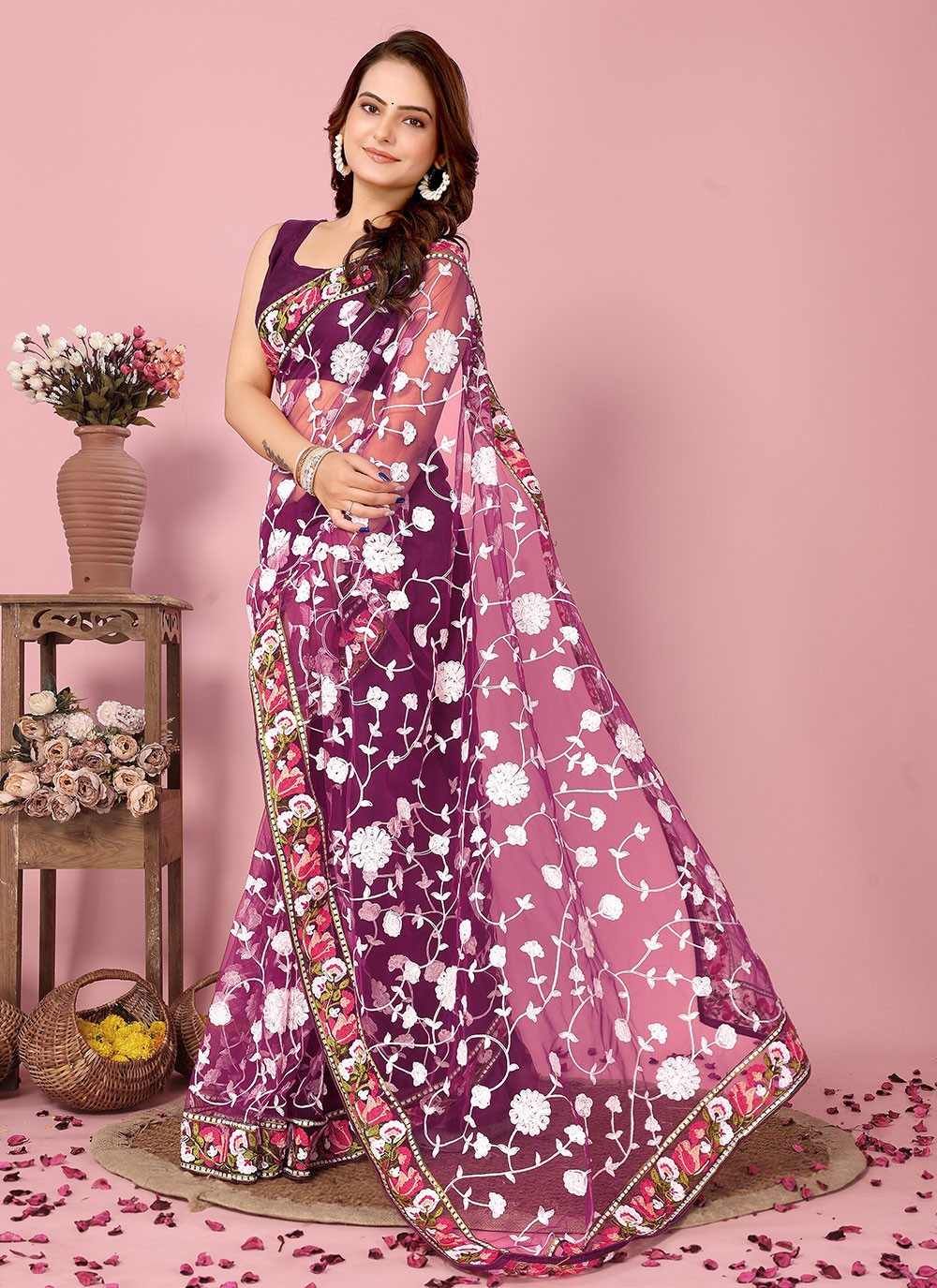Classic Embroidered Net Saree - S6732