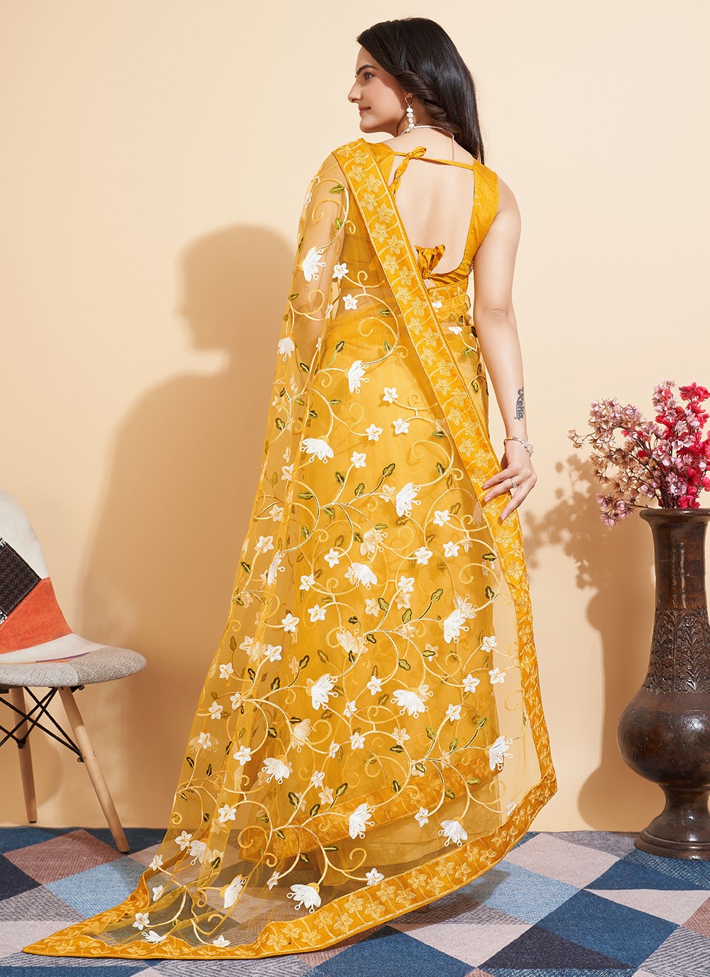 Trendy Embroidered Net Saree - S5235