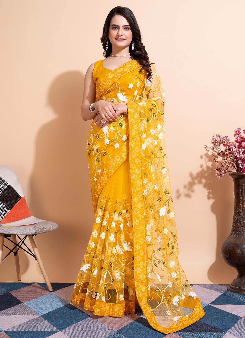 Trendy Embroidered Net Saree - S5235