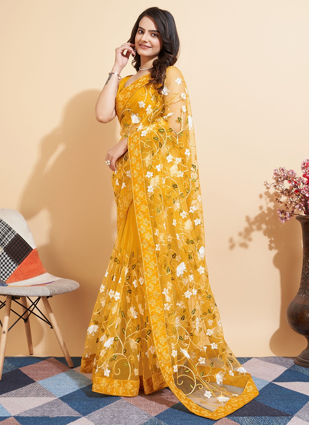 Trendy Embroidered Net Saree - S5235