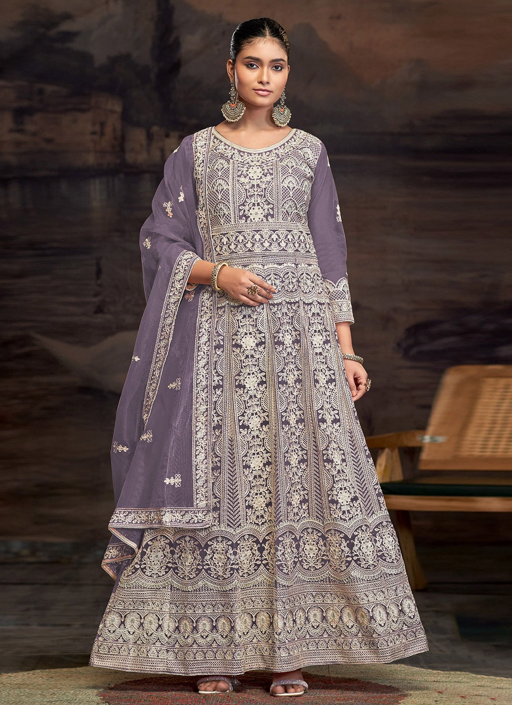Anarkali Embroidered Purple T7010