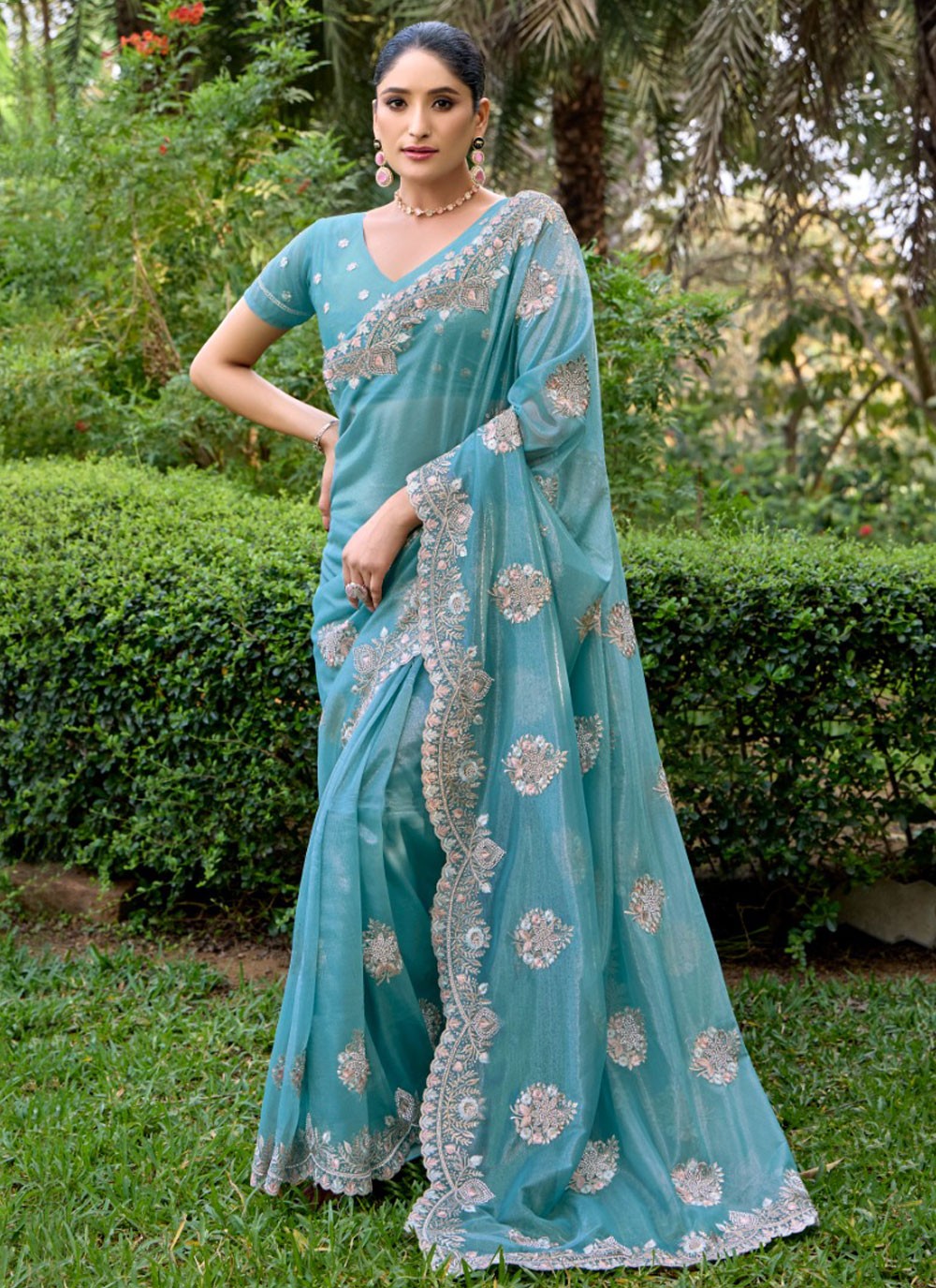 Traditional Cut Work Firozi Net Saree S13451