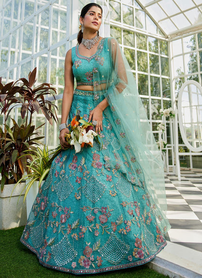Beads Net Green Lehenga - L3384