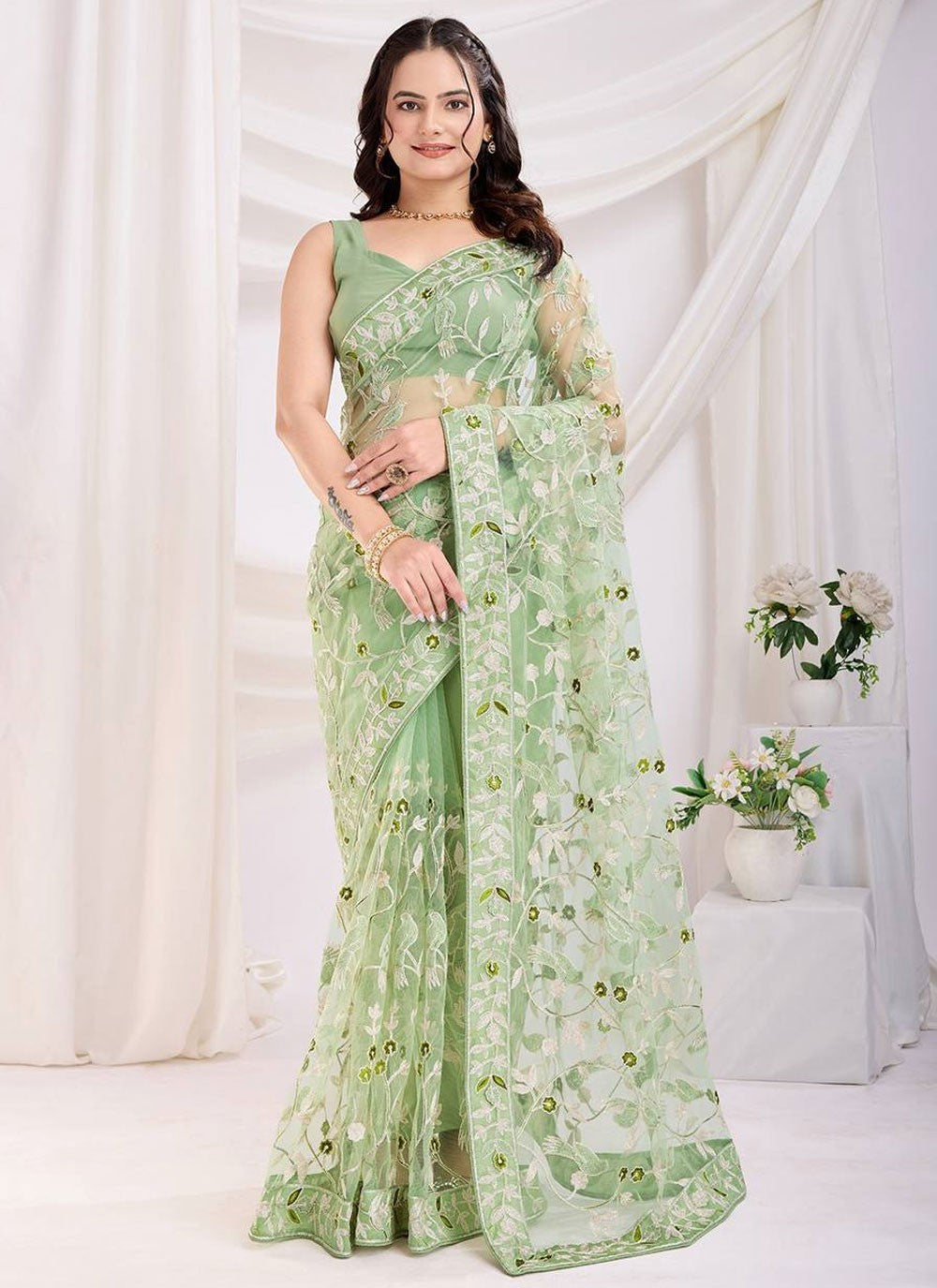 Designer Chikankari Work Green Net Saree S13070