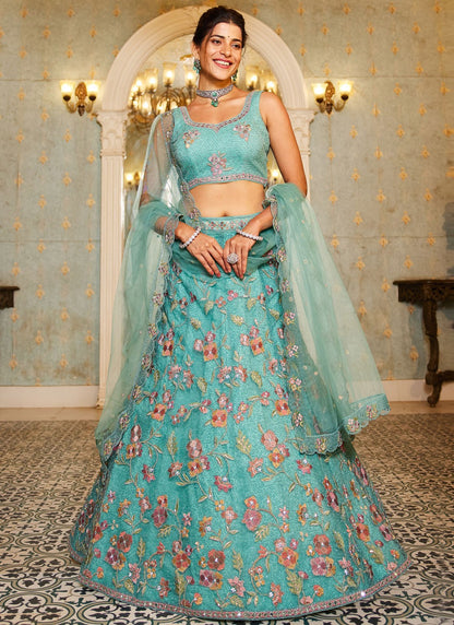 Beads Net Green Lehenga - L3378