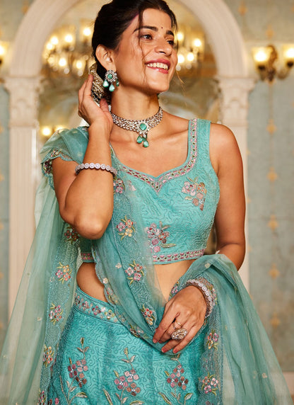 Beads Net Green Lehenga - L3378