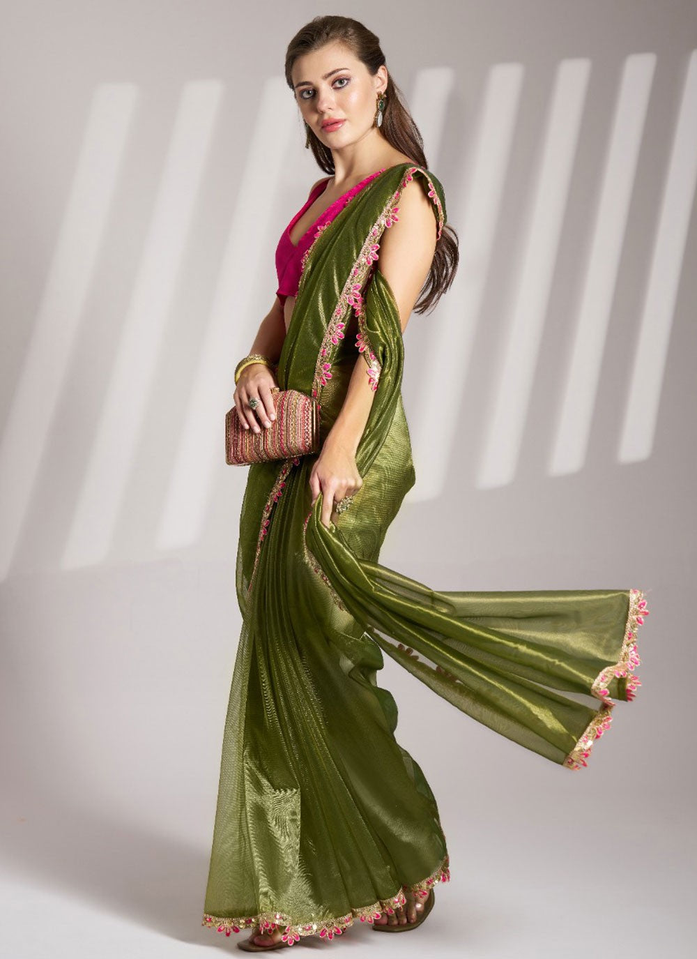 Trendy Saree Border Work Green Net Saree S13525