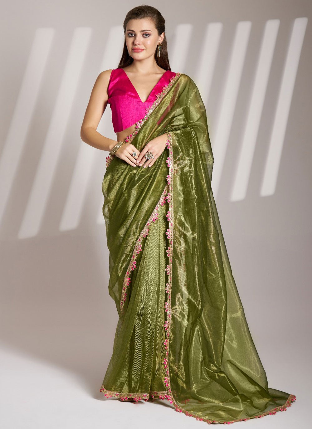 Trendy Saree Border Work Green Net Saree S13525