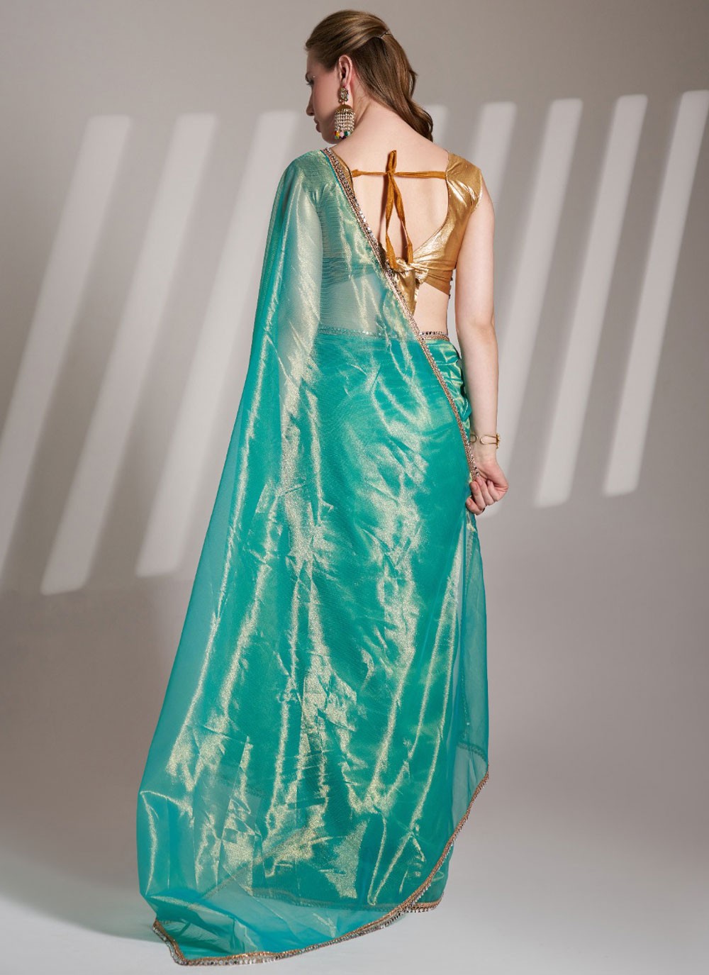 Border Work Net Teal Saree S13866