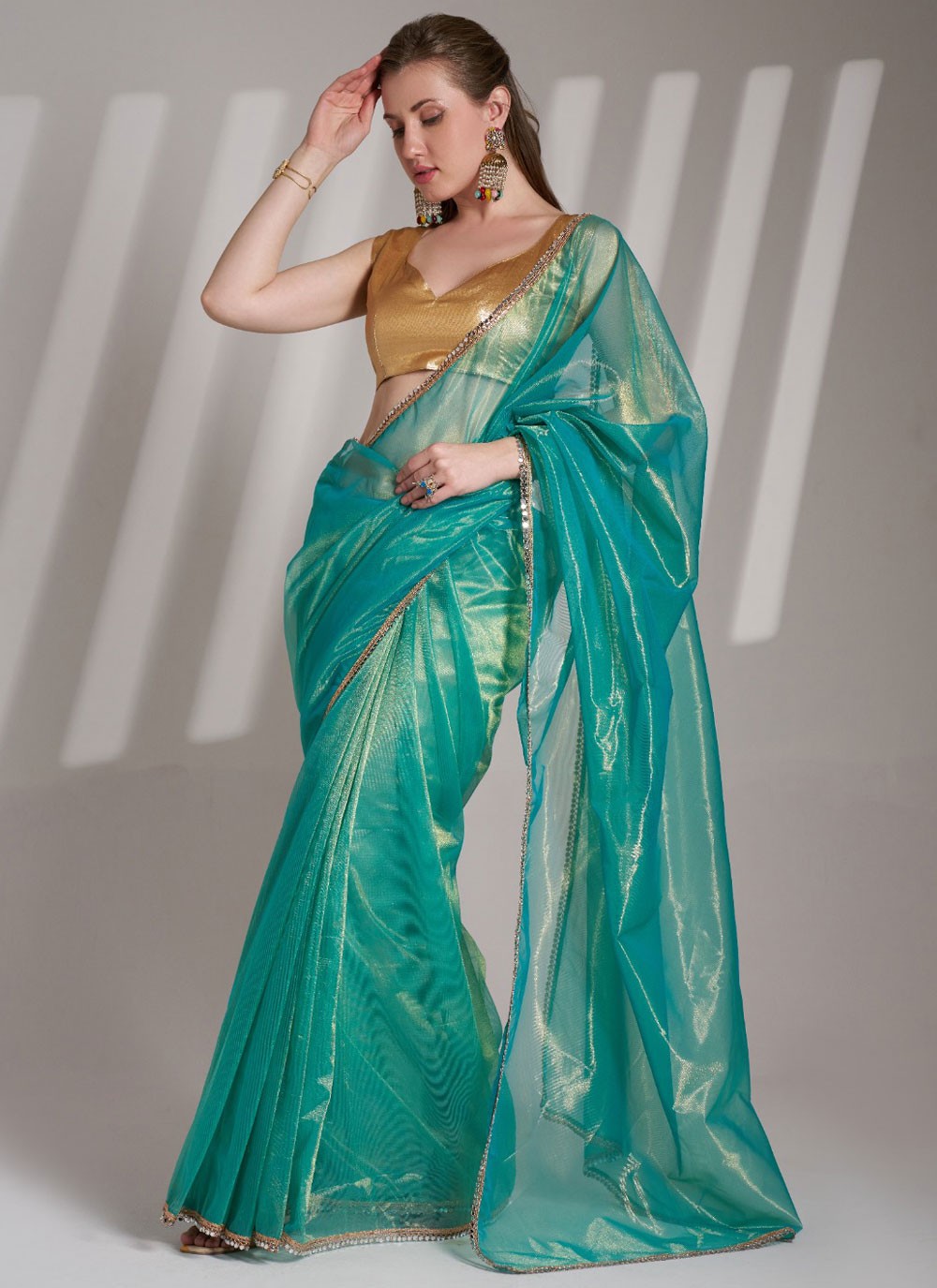 Border Work Net Teal Saree S14102
